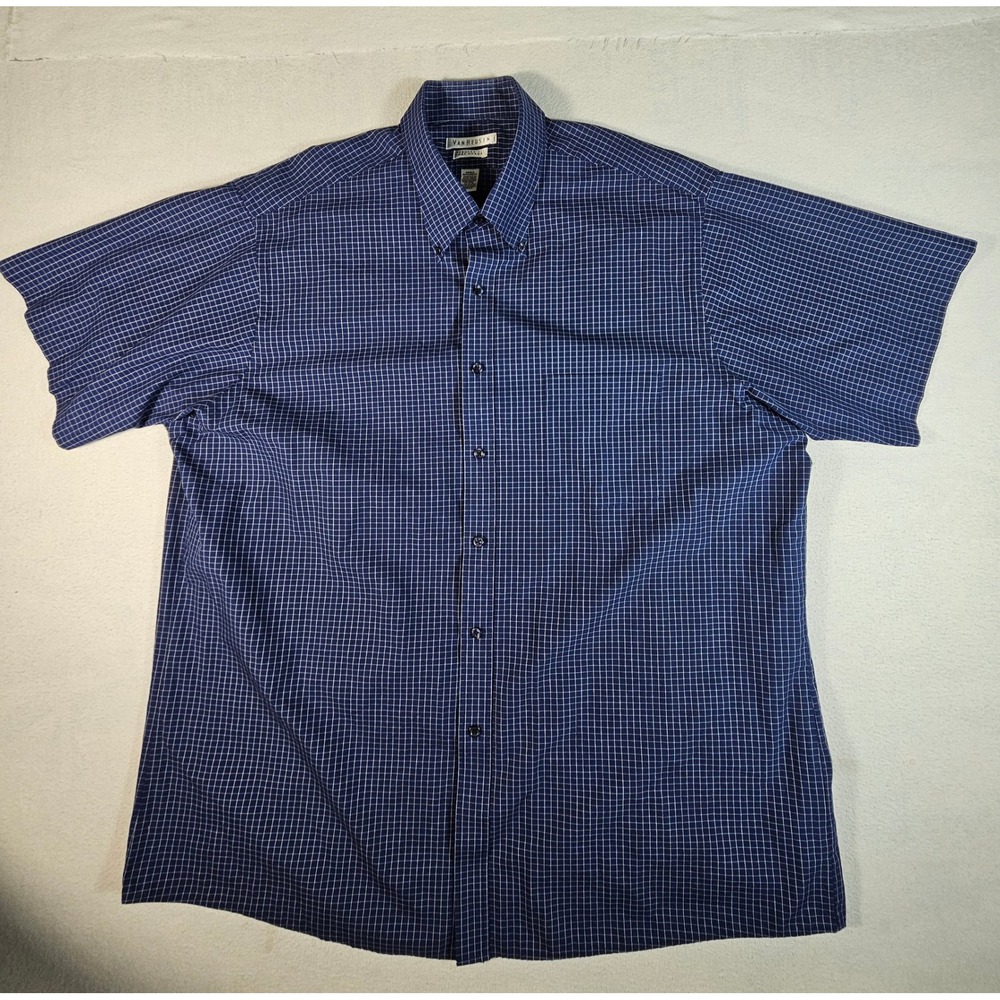 Van Heusen Mens Blue White Grid‎ Short Sleeve Button Down Shirt 17-17.5  Regular